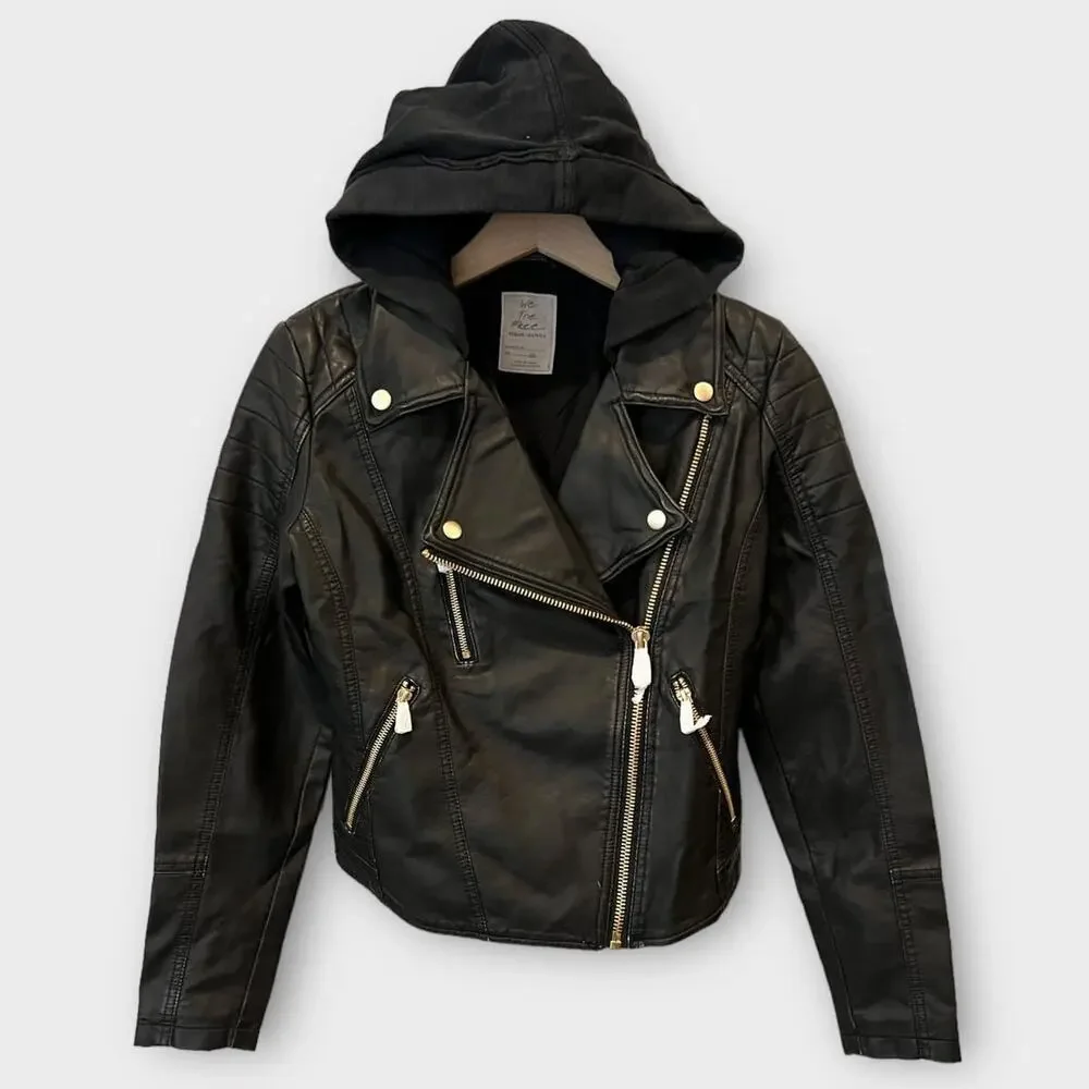 Free People Harriett Hooded Faux Leather Moto Jacket Size XS